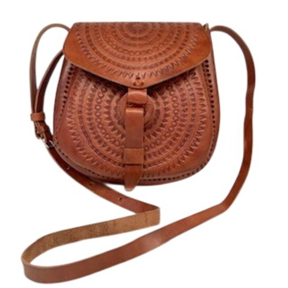 Hand Tooled Leather Crossbody Bag Tan Boho Western Saddle Bag Artisan Made